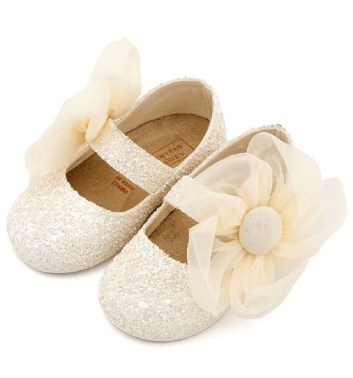 Γοβάκι Μονή Μπαρέτα Διακοσμημένο με Μεγάλο Λουλούδι Οργάντζας EXC5899 Εκρού