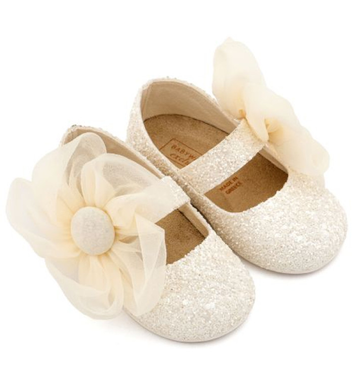 Γοβάκι Μονή Μπαρέτα Διακοσμημένο με Μεγάλο Λουλούδι Οργάντζας EXC5899 Εκρού