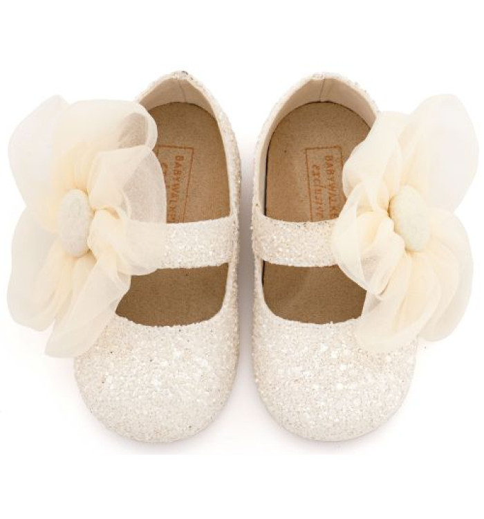 Γοβάκι Μονή Μπαρέτα Διακοσμημένο με Μεγάλο Λουλούδι Οργάντζας EXC5899 Εκρού