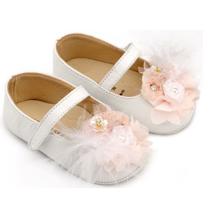 Γοβάκι Μονή Μπαρέτα με Υφασμάτινο Χειροποίητο Φιογκάκι MI1663 Λευκό Ροζ