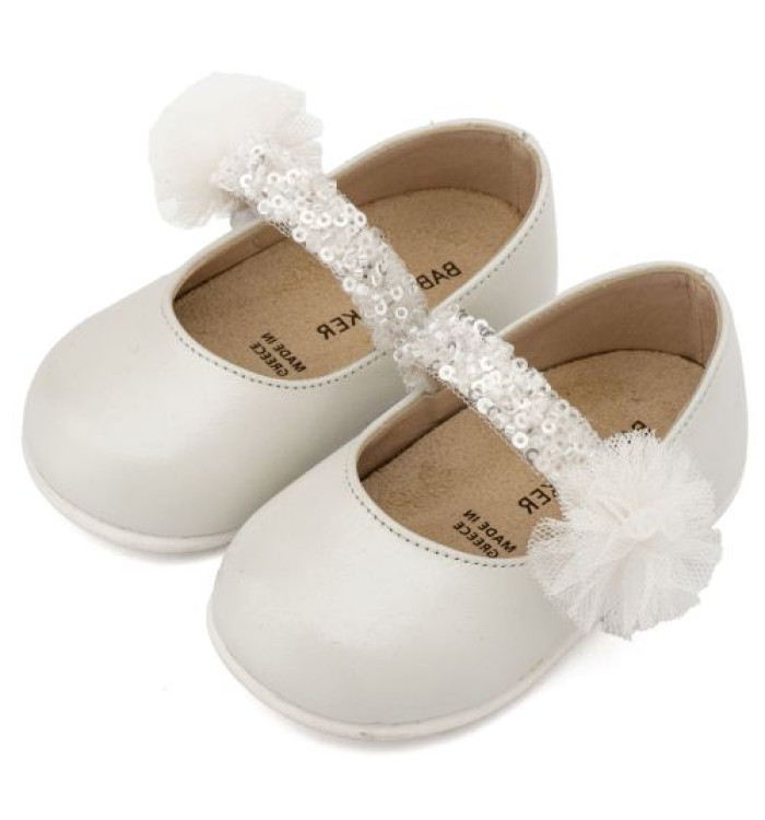 Γοβάκι Μονή Μπαρέτα Διακοσμημένο με Τρέσα και Τούλινο Πον Πον PRI2657 Εκρού