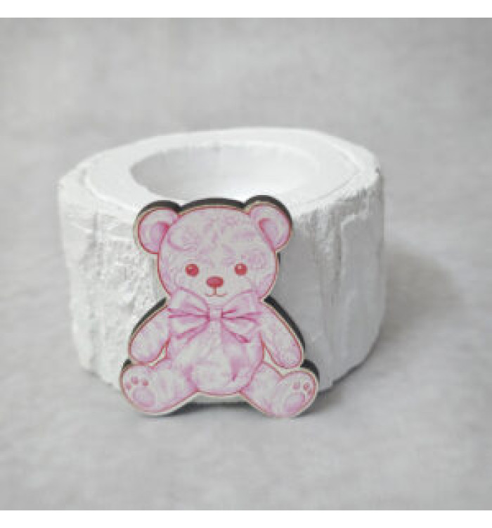 Μπομπονιέρα Κεραμικός κορμός ρεσώ με ξύλινη εκτύπωση αρκουδάκι ροζ Toile de Jouy
